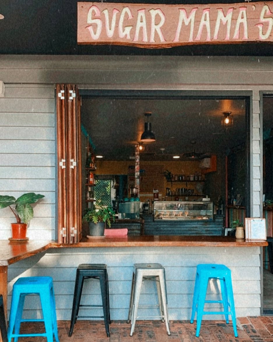Sugar Mama's Shack open window and bar stools at Moffat Beach