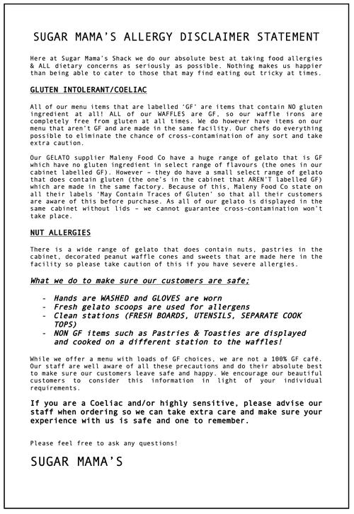 Sugar Mama's allergy disclaimer statement covering gluten and coeliac considerations, nut allergies and kitchen precautions