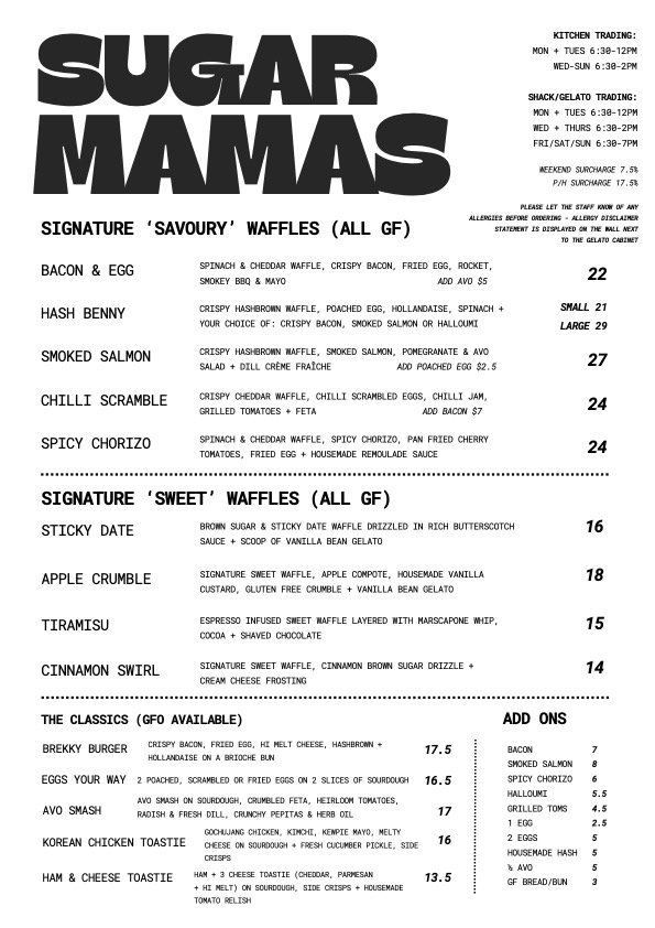 Sugar Mama's Shack food menu with savoury waffles, sweet waffles, classics and add-ons