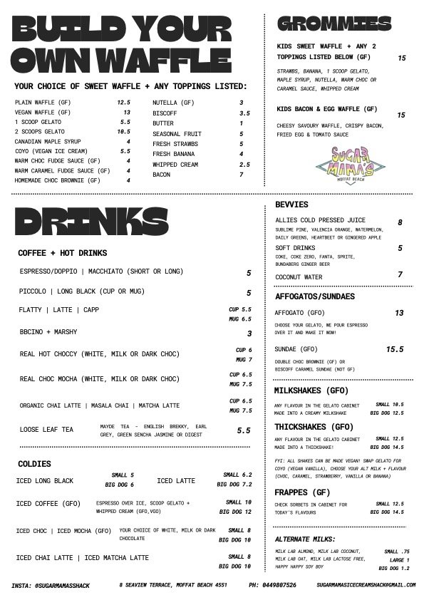 Sugar Mama's Shack build-your-own waffle, kids, coffee, cold drinks, sundaes, milkshakes and frappes menu